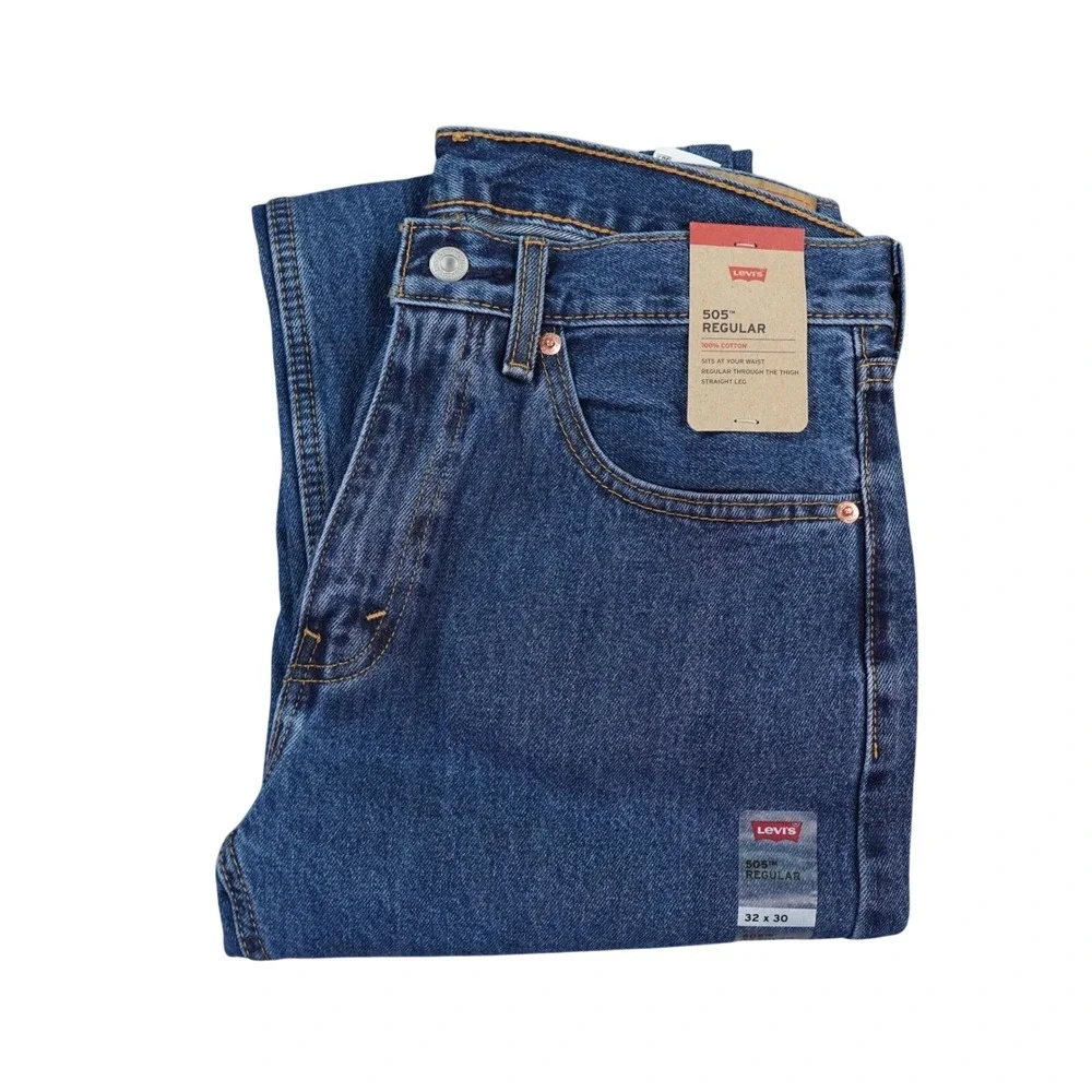 Levis 505 Mens Jeans Mens 32x30 Blue Dark Wash Regular Fit Straight Leg Biker‎